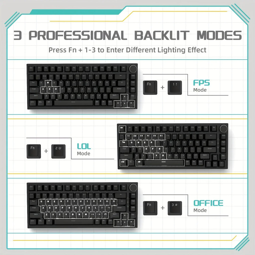 AJAZZ AK820 Wired Mechanical Gaming Keyboard 75% Layout 82 Key Hot-Swappable Design Metal Volume Knob Ideal Esports Office Use