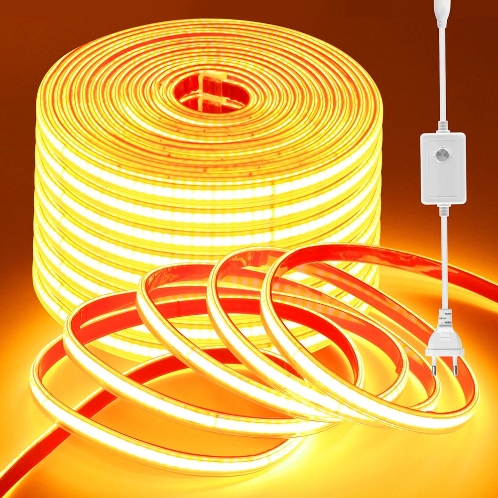 220V 10 Colors Dimmable COB LED Strip Light 240 LEDs Flexible Tape Dimmer EU Power Plug Kit TV Night Lights Home Linear Lighting