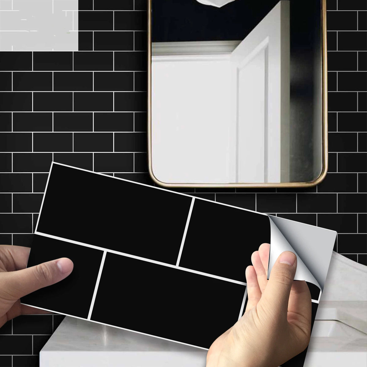 Peel-and-stick brick tile decal sheet in black with white grout lines