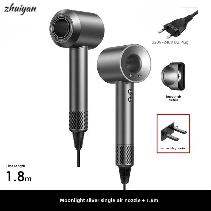 Silver leafless ionic hair dryer with wall-mount bracket, smooth nozzle, and 1.8m cord for professional salon results.
