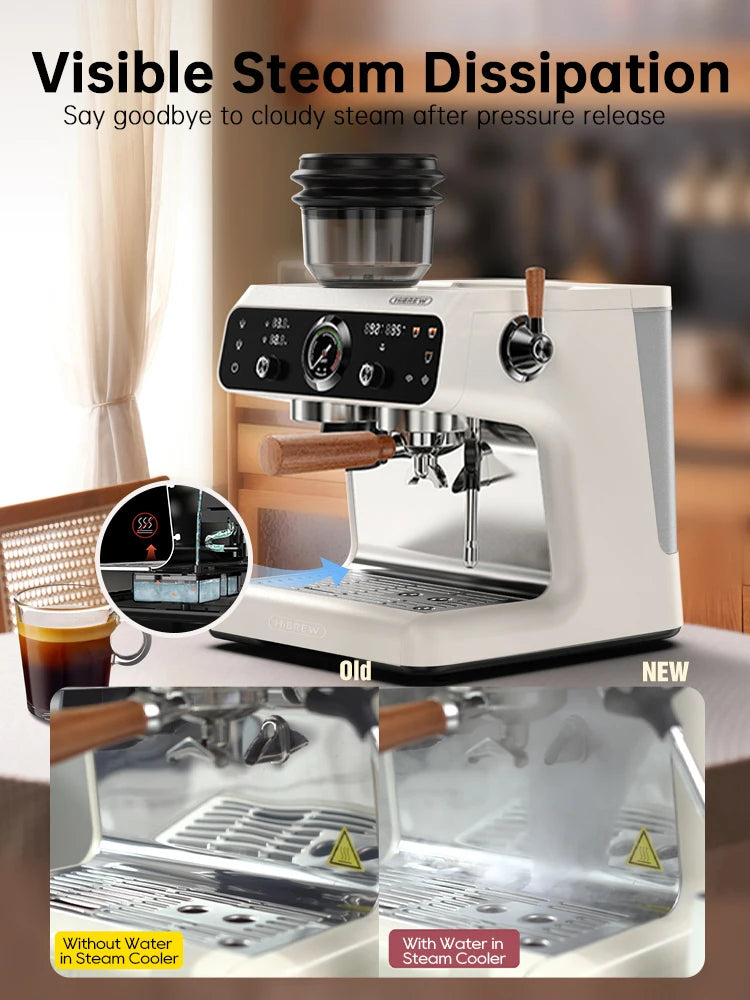 HiBREW white espresso machine with wood-accented portafilter and integrated steam dissipation system for home baristas.