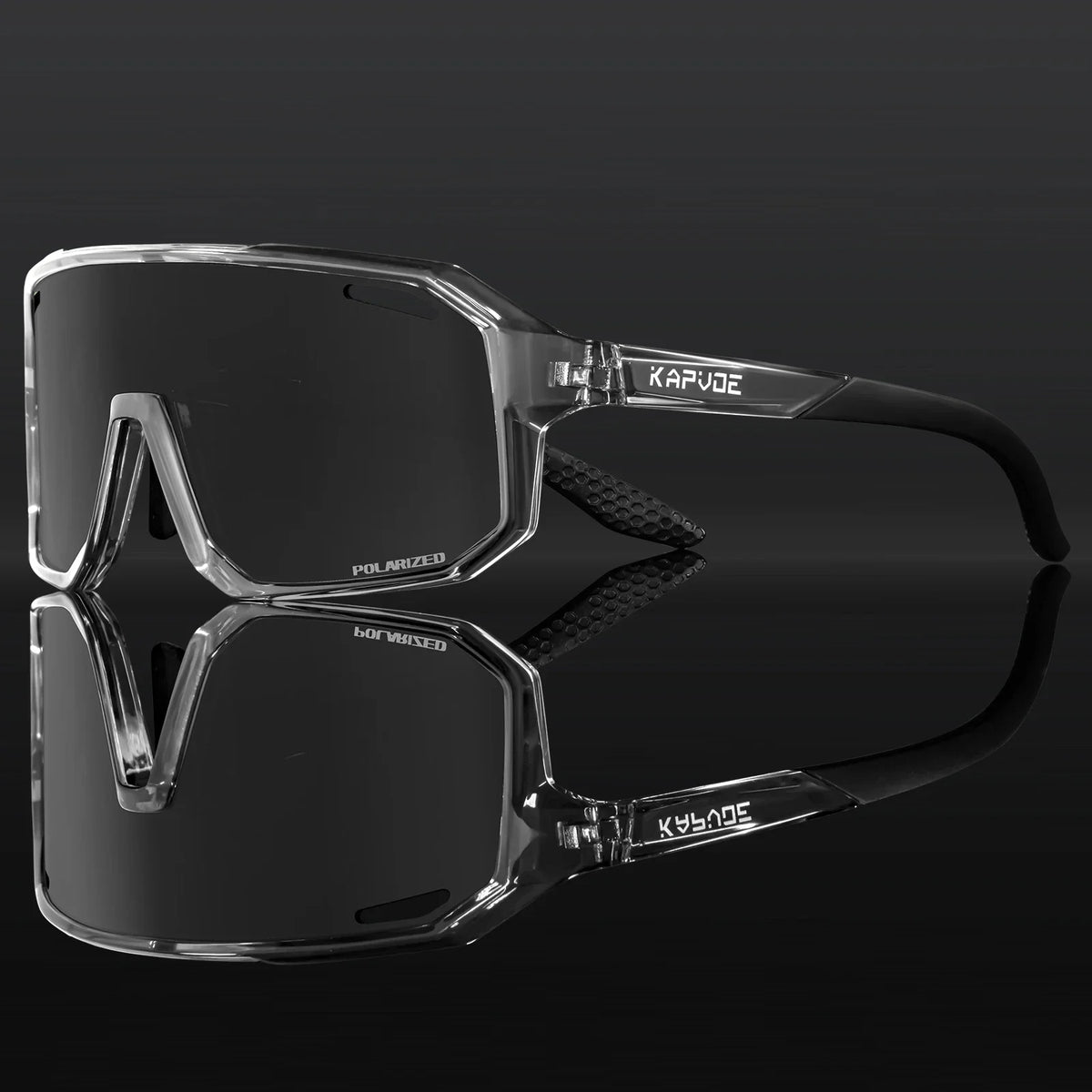 Sport sunglasses for kids with black mirrored lenses and clear frame with gray temple tips
