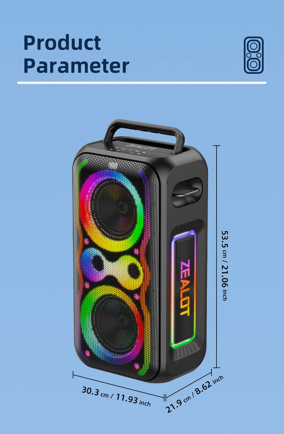 Zealot-PT21 Large Portable Bluetooth Speaker Loudest，200W Deep Bass, V5.3 Big Party Boombox Wireless Speaker For Camping Hiking