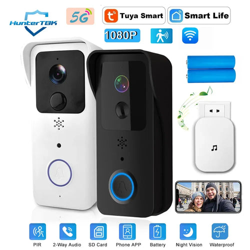 Wireless video doorbell cameras (black and white) with indoor chime units