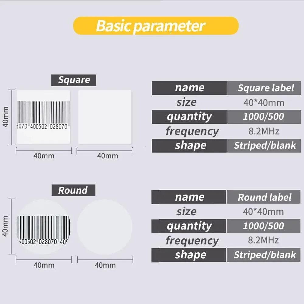 Square and round security label size diagram with quantity and 8.2MHz details