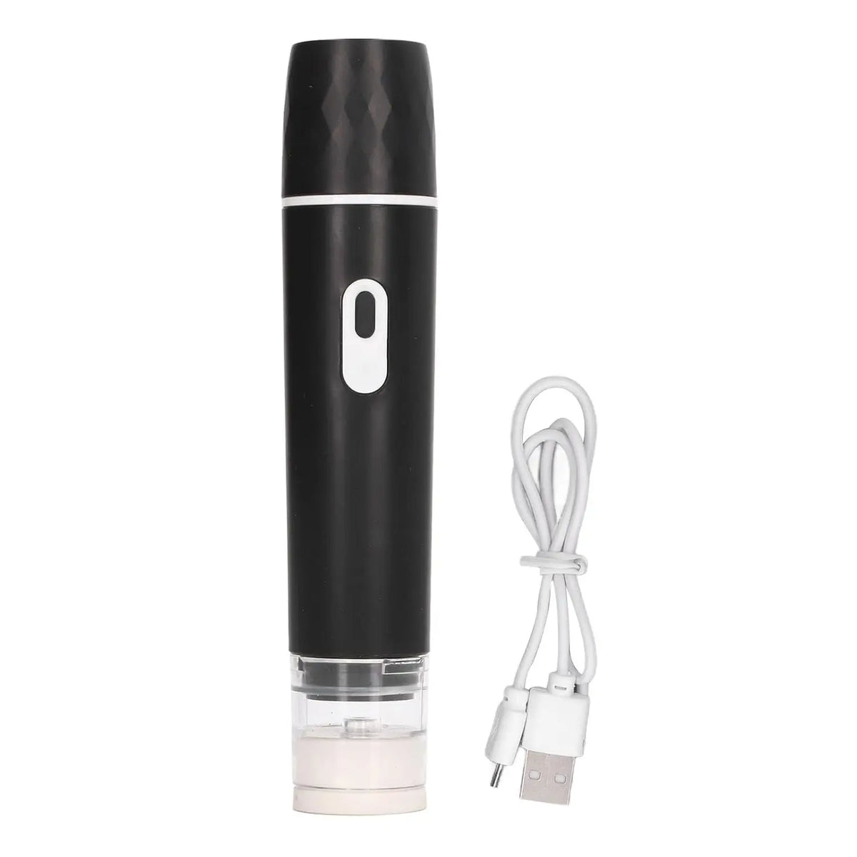 Black rechargeable handheld vacuum sealer with clear base and USB charging cable