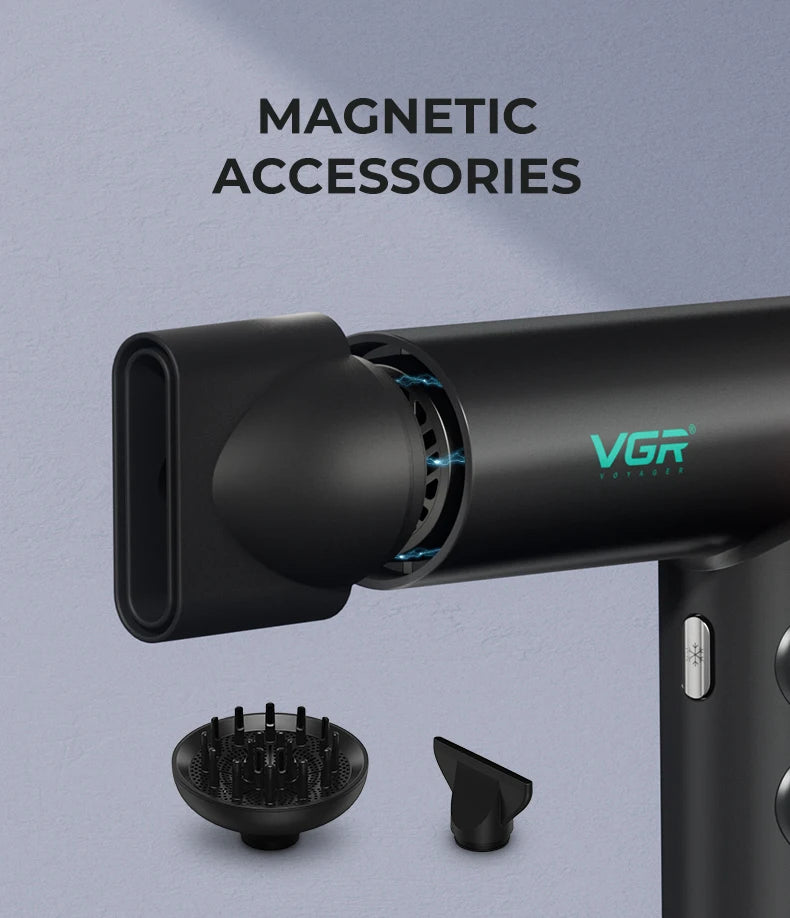 VGR V-401 matte black professional hair dryer with magnetic styling nozzle, diffuser, and high-speed brushless motor.