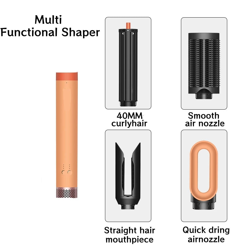 6-in-1 peach hair styler set with curling iron, blow dryer, brush, and nozzle attachments for versatile hair styling.