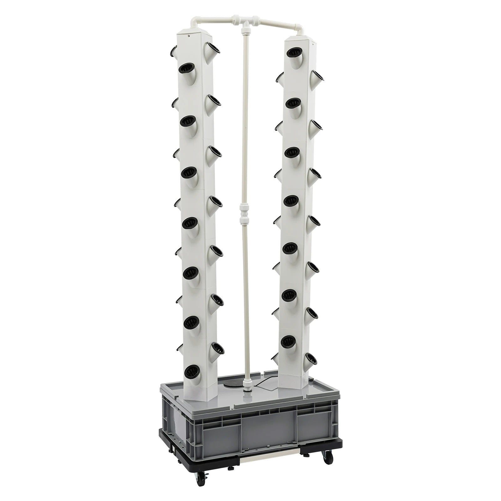 Hydroponic growing tower front view, white vertical columns with planting holes and black base