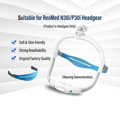 White and blue CPAP mask headgear replacement for ResMed N30i/P30i sleep apnea therapy.