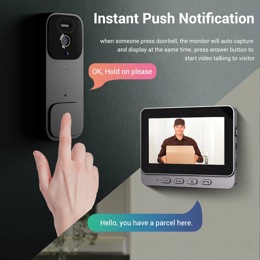 Home Security Smart Video Doorbell 4.3-inch Screen 2-Way Intercom HD Infrared Night Vision Intelligent Visual Wireless Door Bell