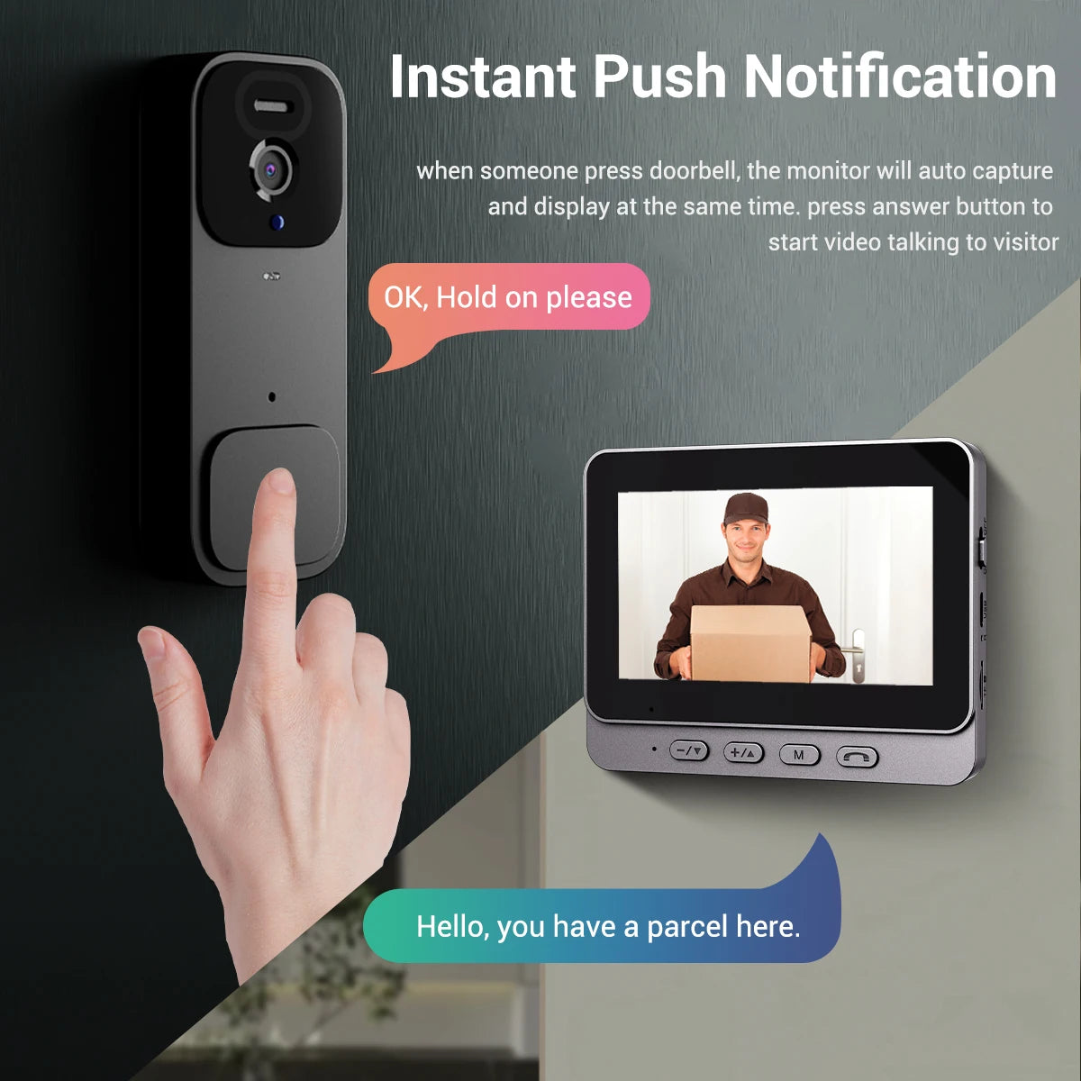 Home Security Smart Video Doorbell 4.3-inch Screen 2-Way Intercom HD Infrared Night Vision Intelligent Visual Wireless Door Bell