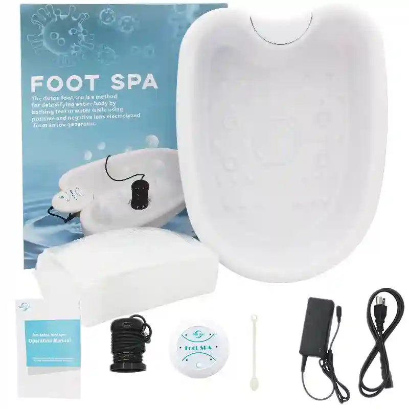 White electric ionic detox foot spa machine with basin, ion array, controller, power cord, and manual.