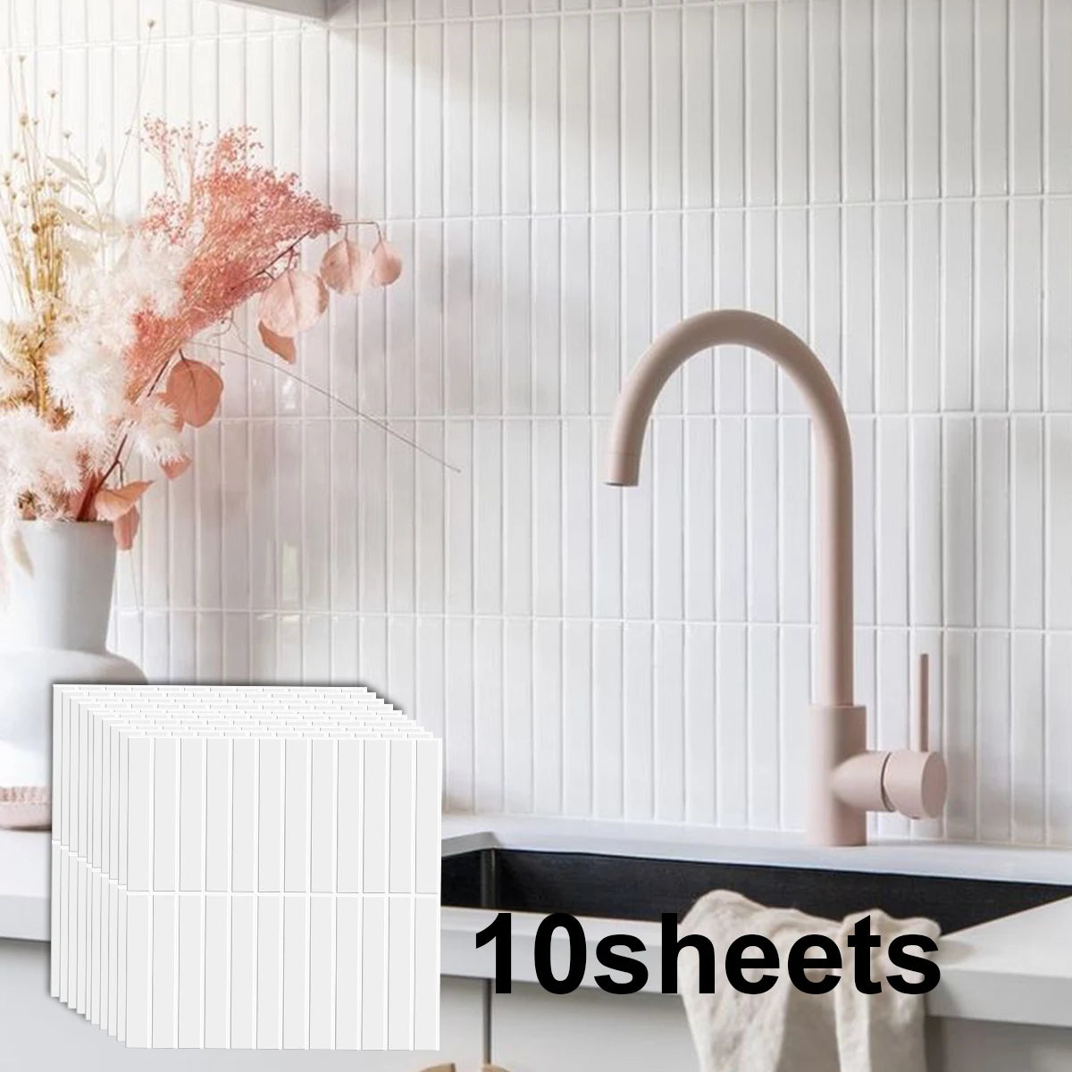 3D peel-and-stick mosaic backsplash tiles, white wall with tile sample box near sink
