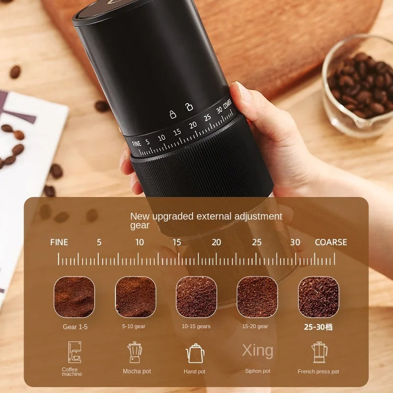 Black manual coffee grinder with 30 adjustable settings for precise grind size from fine to coarse.
