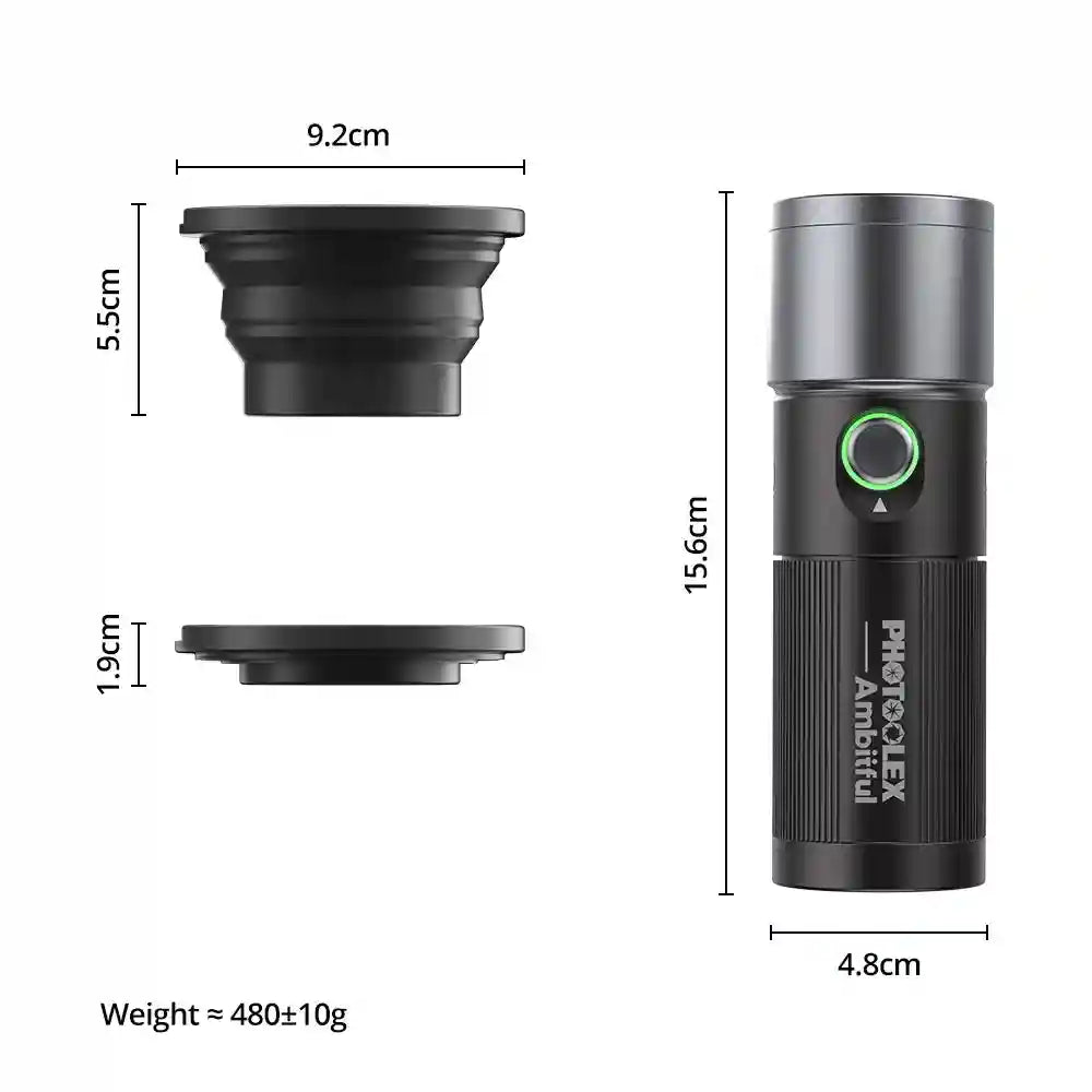 Black portable LED light with two silicone light-shaping attachments, showing dimensions and 480g weight.