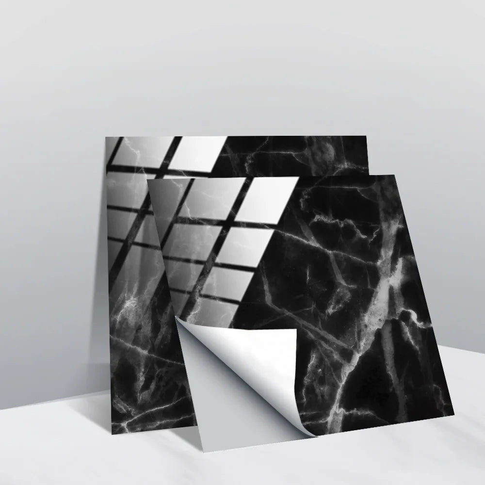Self-adhesive faux stone tile wall stickers, black and white marble swirl veining