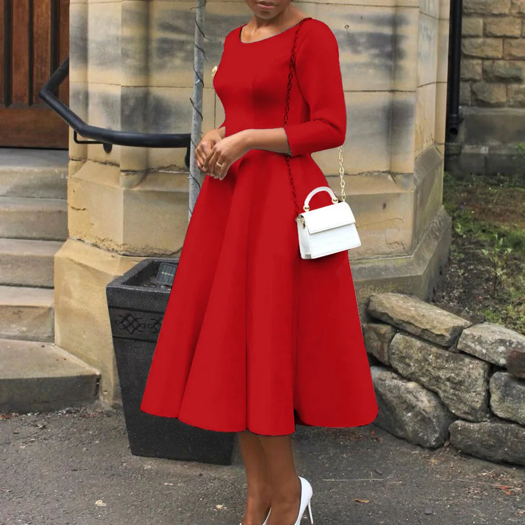 Elegant Pure Color Maxi Dress Evening Gown A- Line Skirt Polyester Fabric round Neck Short Sleeve High Waist Midi Dress