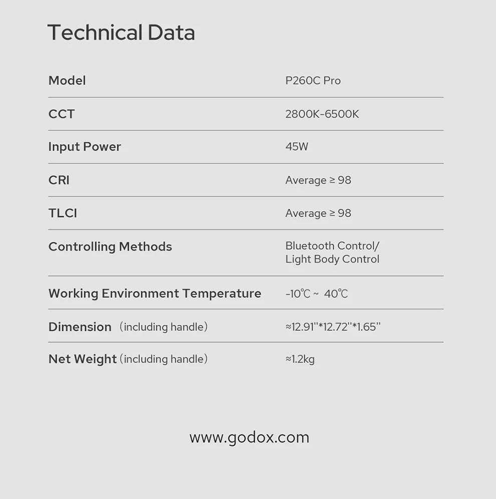 P260C Pro LED light technical specifications chart showing CCT, power, dimensions, and weight.