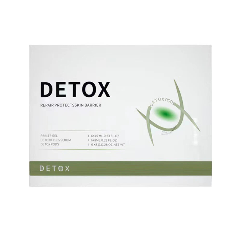 White rectangular box for a facial detox kit, featuring black text, a green abstract logo, and a bottom green stripe.