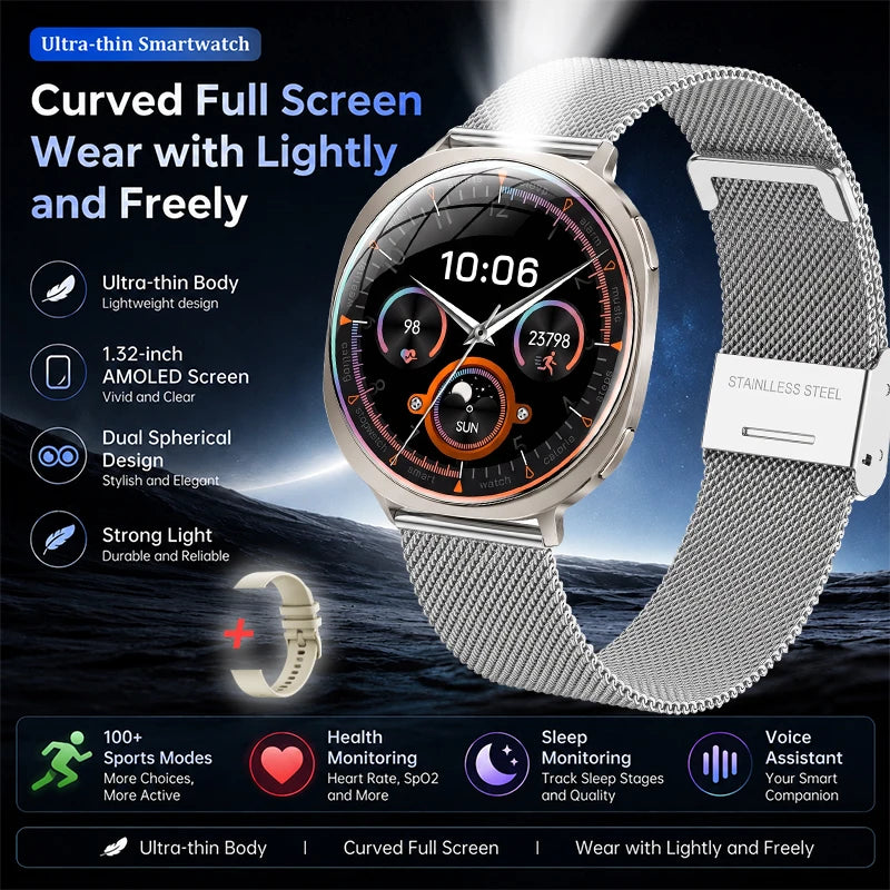 Round curved-screen smartwatch with silver mesh metal strap and multi-color display
