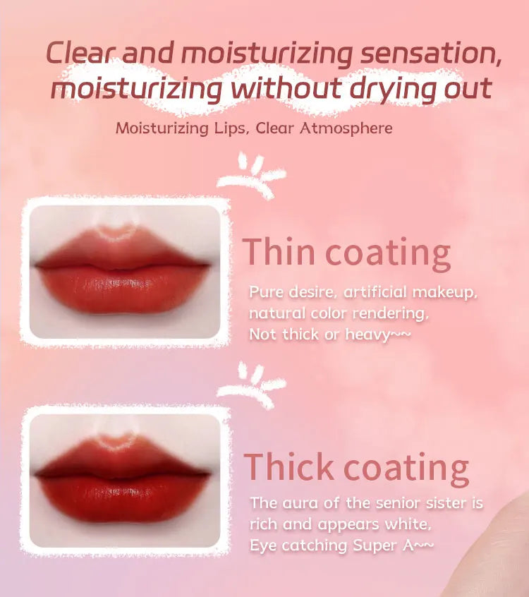 Waterproof, long-wearing liquid lipstick showing thin and thick glossy red coatings for a moisturizing, pigmented finish.