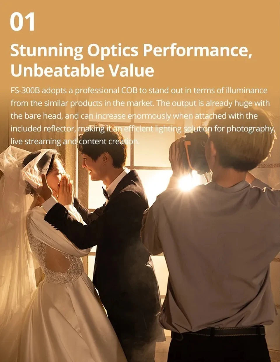 FS-300B COB LED light with reflector, used by a photographer to light a bride and groom during a portrait session.