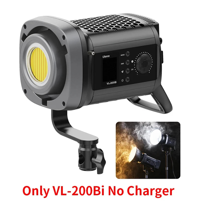 VL-200Bi black LED video light with COB chip, LCD display, control knobs, and adjustable mounting bracket.