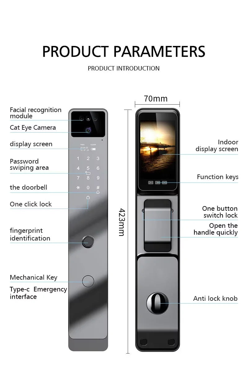 Facial Recognition Fingerprint Smart Security Door Lock Tuya App Wifi Camera Video Screen Biohacking RFID Digital Door Lock