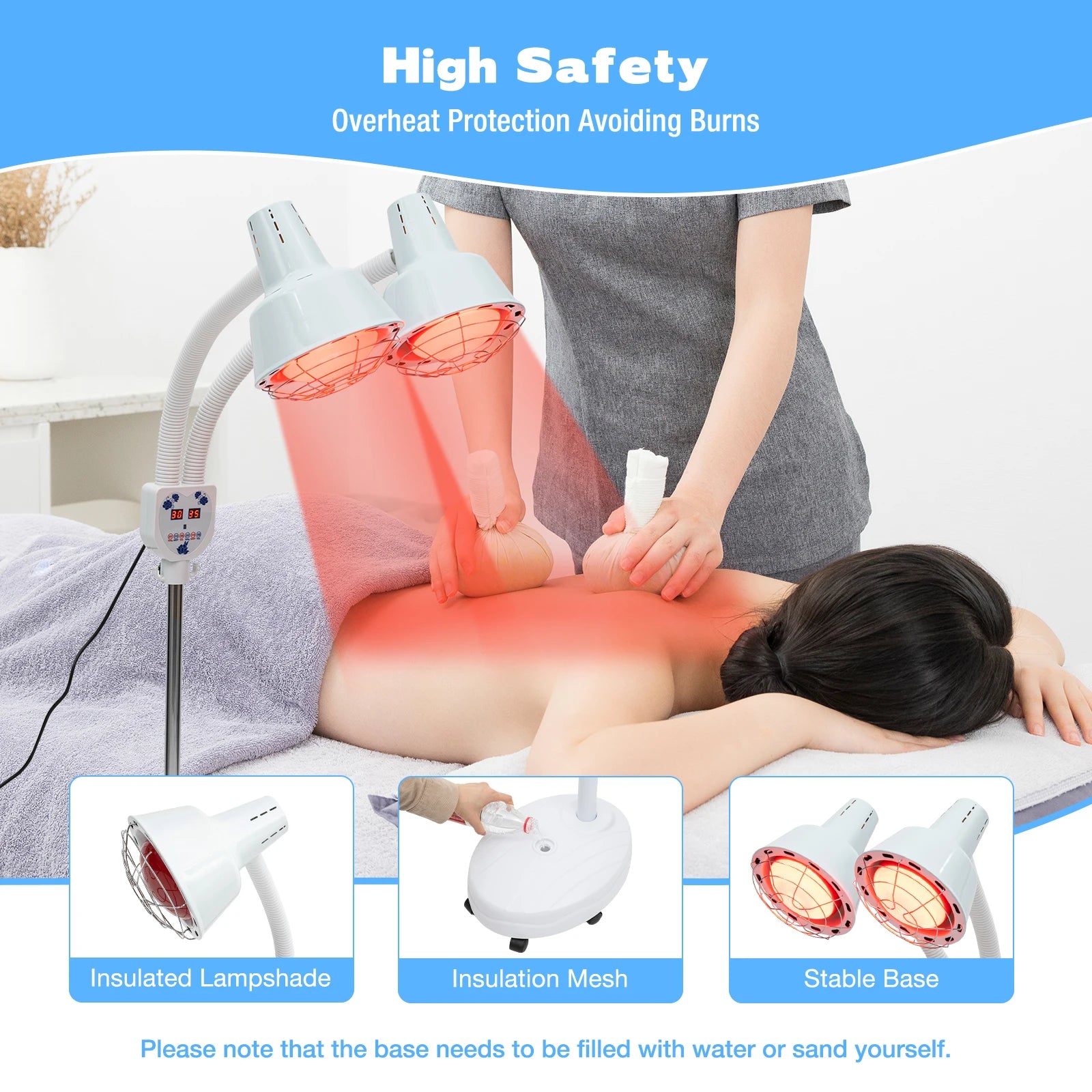 275W double-headed infrared heat lamp for pain relief, adjustable temp with remote and stable water-fillable base.