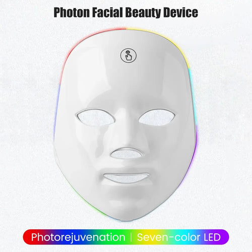 White facial-shaped LED red light therapy device for skin rejuvenation with seven-color light settings.