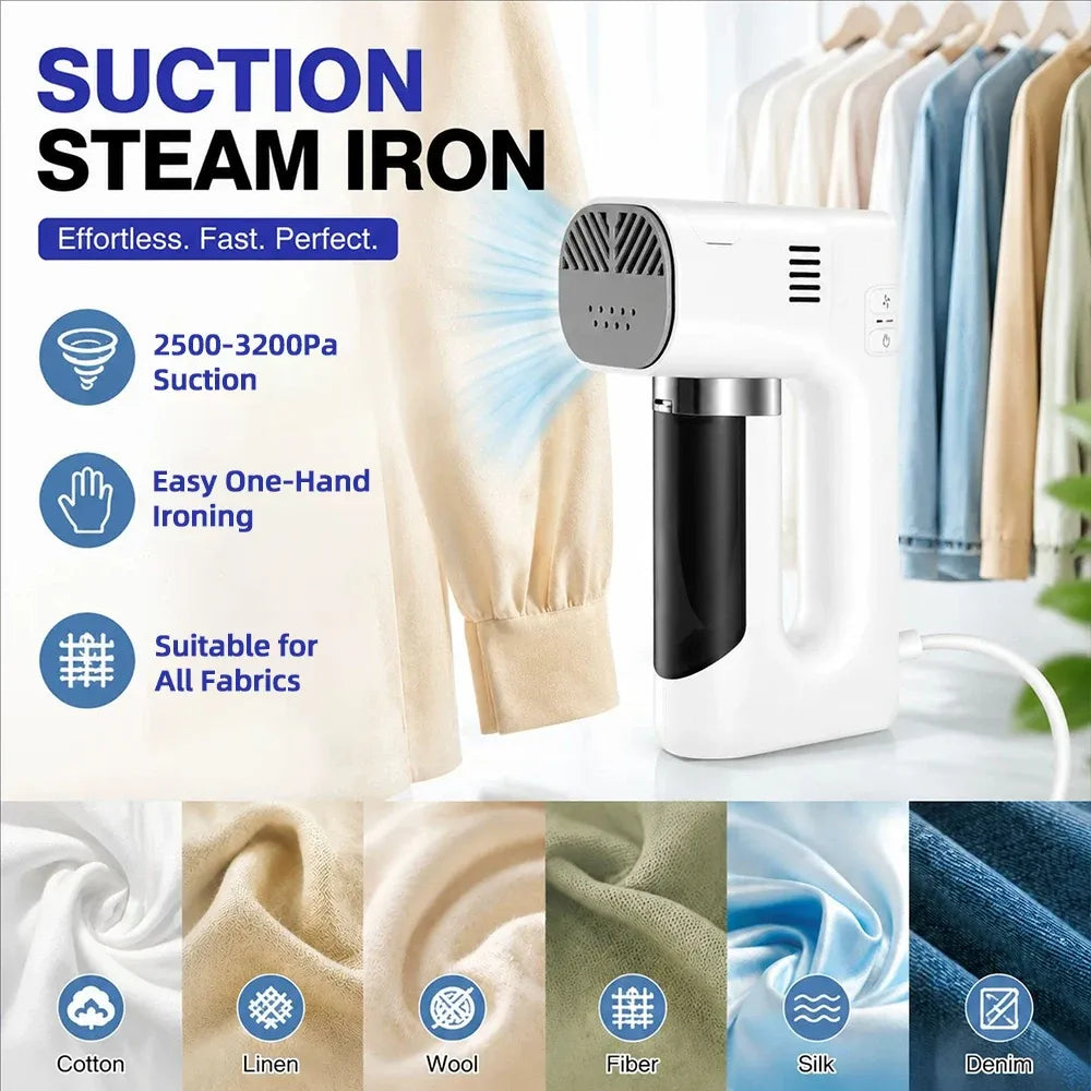 Suction steam iron handheld for fast wrinkle removal on cotton, wool, and silk with powerful suction and easy one-hand use.