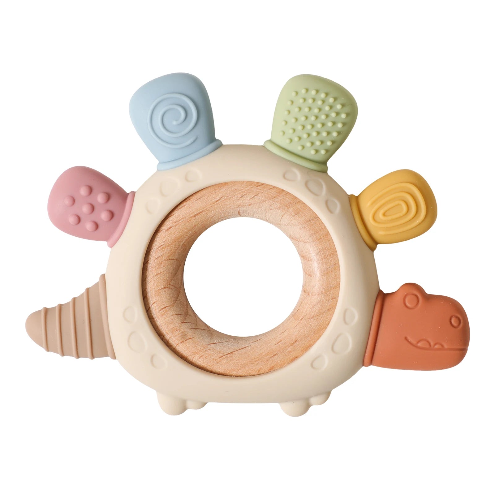 Multi-colored silicone and natural wood dinosaur baby teething ring for teething relief.
