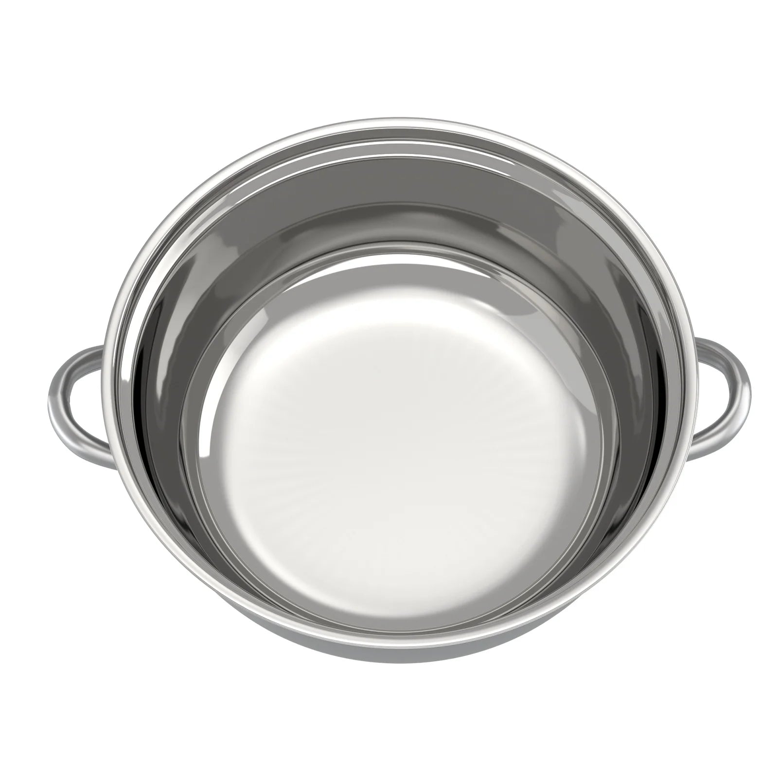 Stainless steel steamer pot with perforated insert and side handles, lid removed