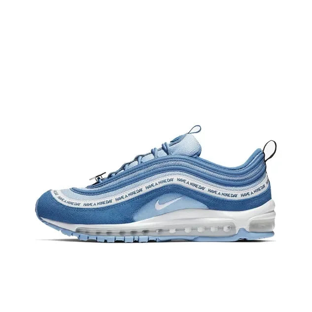 Nike Air Max 97 “Have A Nike Day” sneakers in blue suede and mesh with white midsole and visible cushioning.