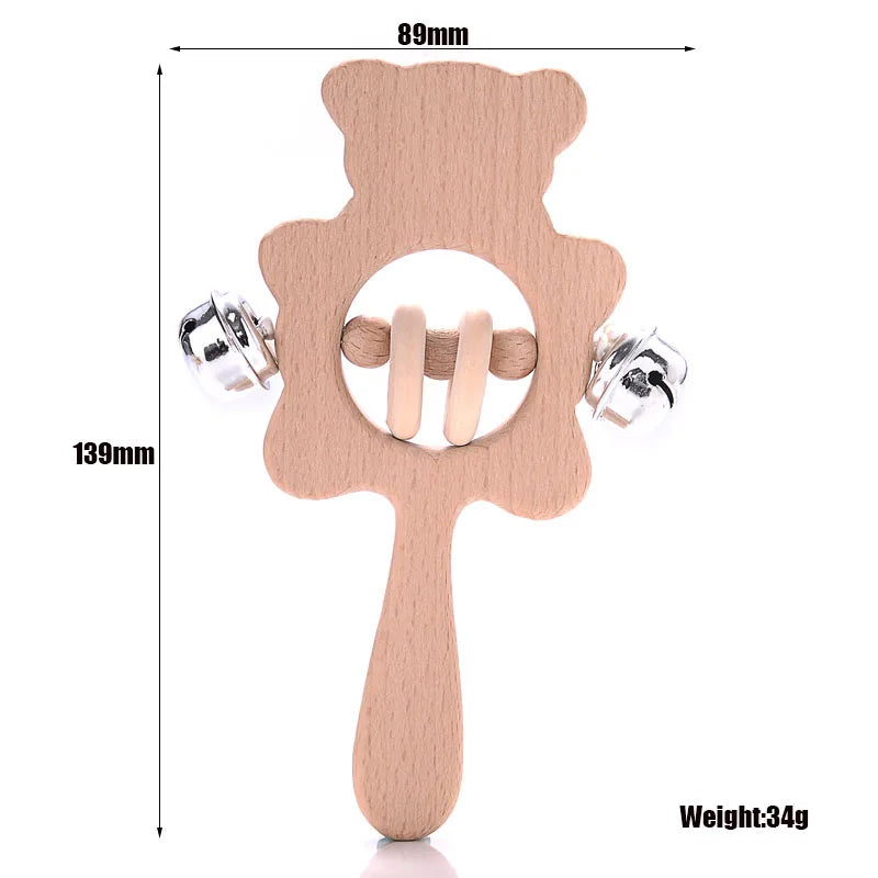 Natural wood baby teething toy, bear-shaped rattle in light brown for soothing infant gums.