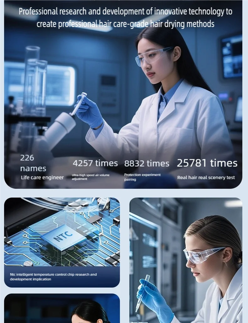 Professional lab research for 7-in-1 high-speed ionic hair dryer with NTC temperature control technology.