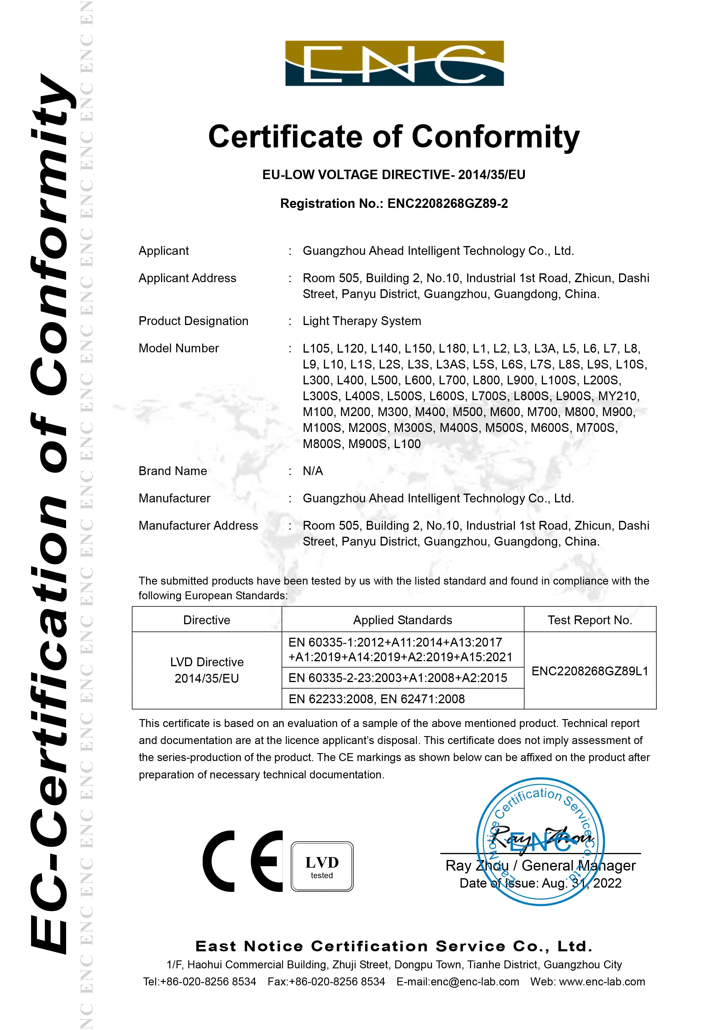 Official ENC Certificate of Conformity document for a light therapy system, showing standards and certification details.