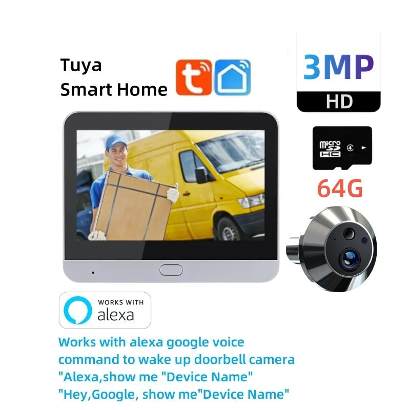 3MP HD video door peephole camera with 4.3-inch screen, silver lens and 64G microSD