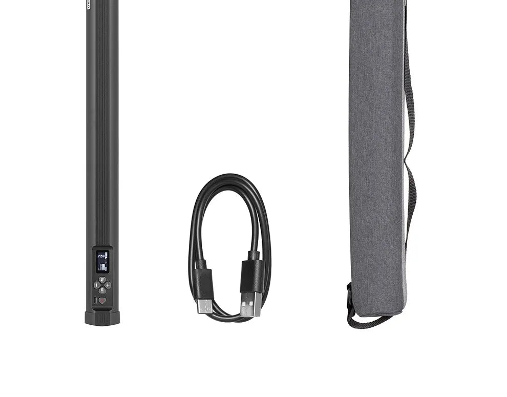 Black LED light wand, charging cable, and grey fabric carrying case for photography lighting.