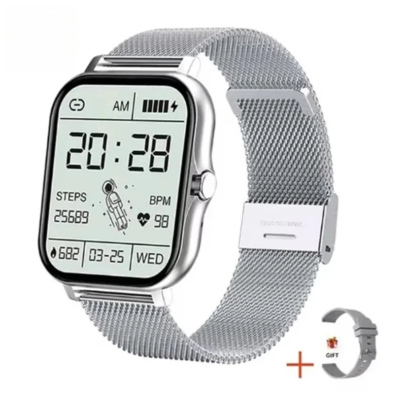 Smart watch with silver case and gray metal mesh strap, step and heart rate display