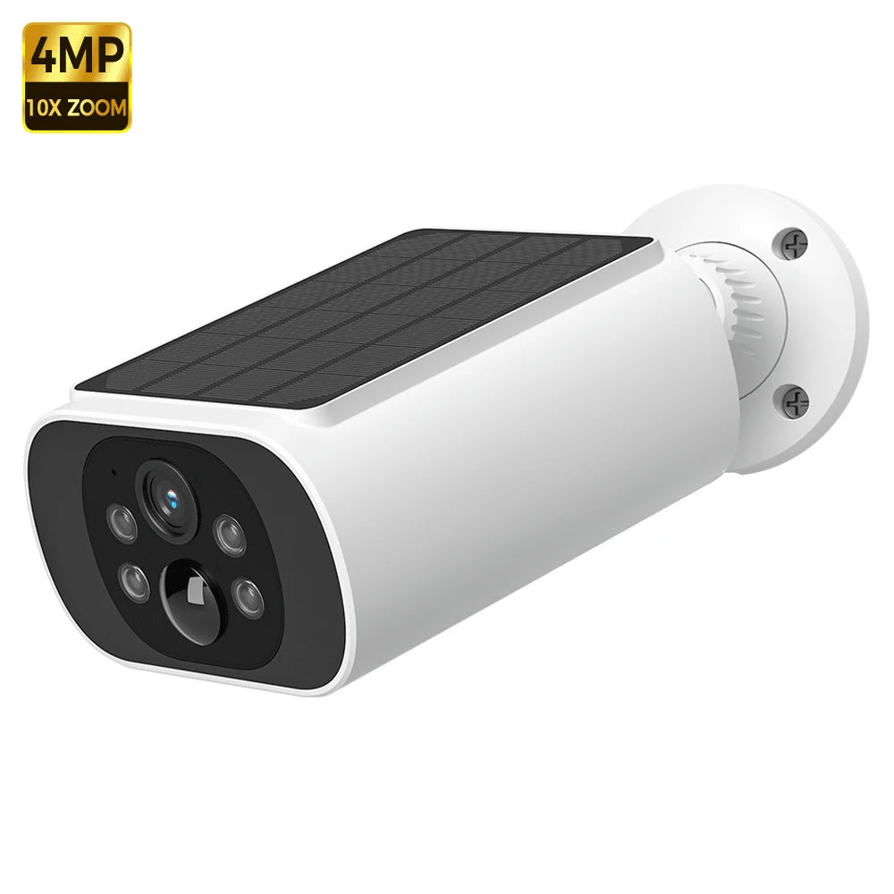 Outdoor solar security camera, white cylinder with solar panel and front lens