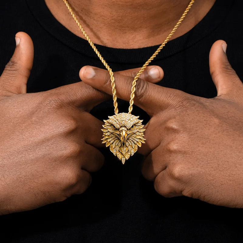 Eagle Head Pendant Necklace 24K Gold Plated Diamond Round Brilliant Cut Unisex Luxury Link Chain