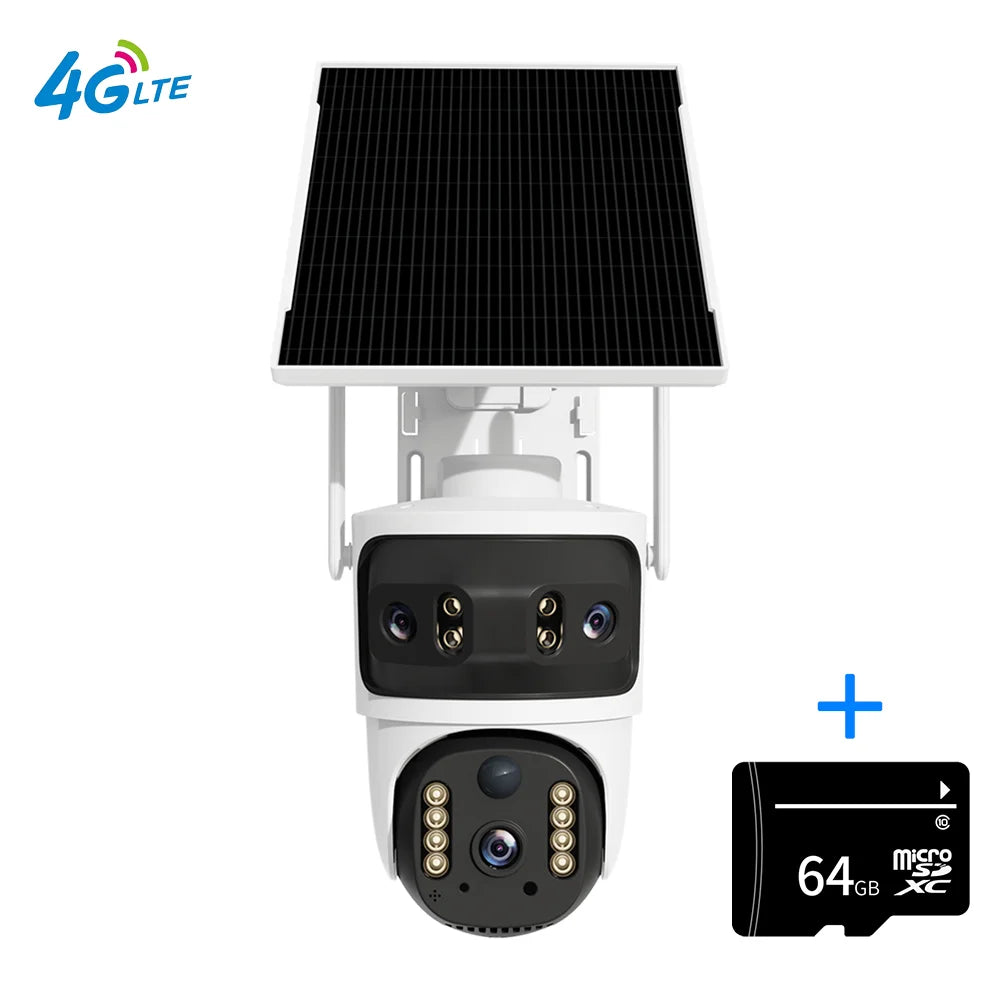 White outdoor PTZ security camera with solar panel plus 64GB microSD card