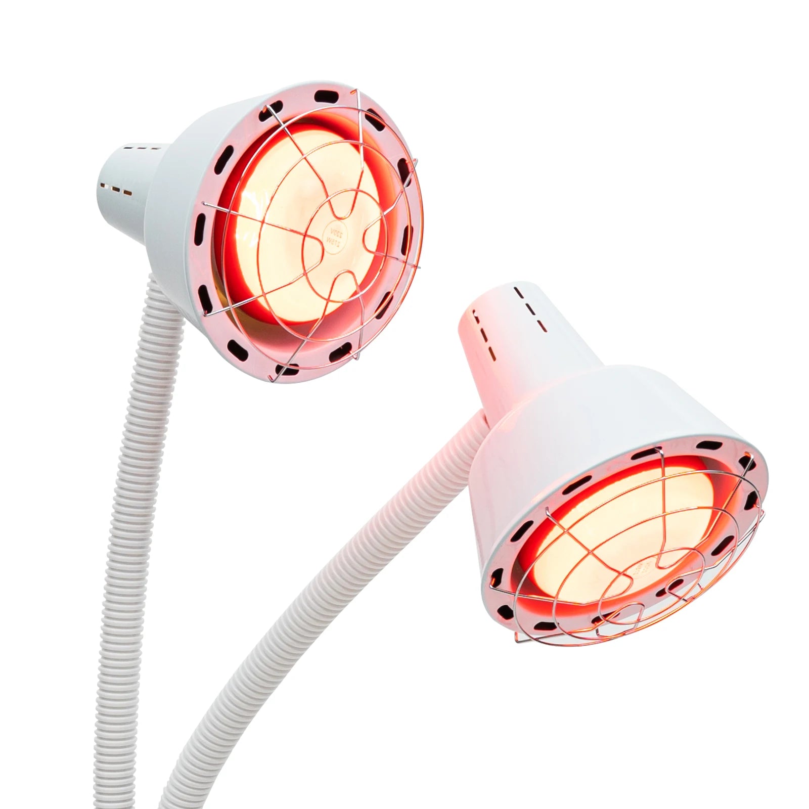 Double-headed 275W infrared heat lamp with adjustable white gooseneck arms for pain relief and salon use.