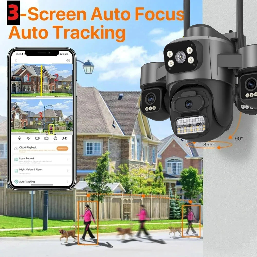 15MP ICSEE Protocol Security Camera 3-HD Screens Auto Tracking Color Night Vision 2-Way Audio Outdoor WiFi CCTV Cam