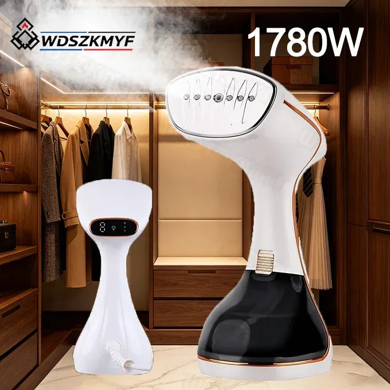 Handheld garment steamer releasing steam, featuring a white and black body with digital display, in a walk-in closet.