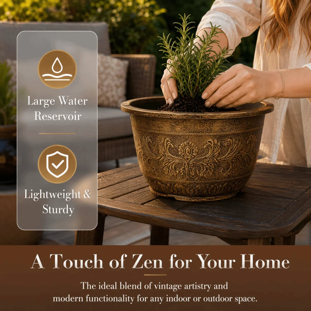 Resin Lotus Planter Pot Large 7.5L Capacity Water Reservoir Planter 19cm Height Copper Bronze Retro Flower Pot Home Gardening
