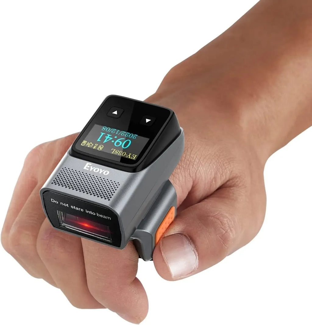Eyoyo Wearable Bluetooth Ring Barcode Scanner with Display Mini 1D Wireless Finger Bar Code Reader Inventory Accurate Scanning