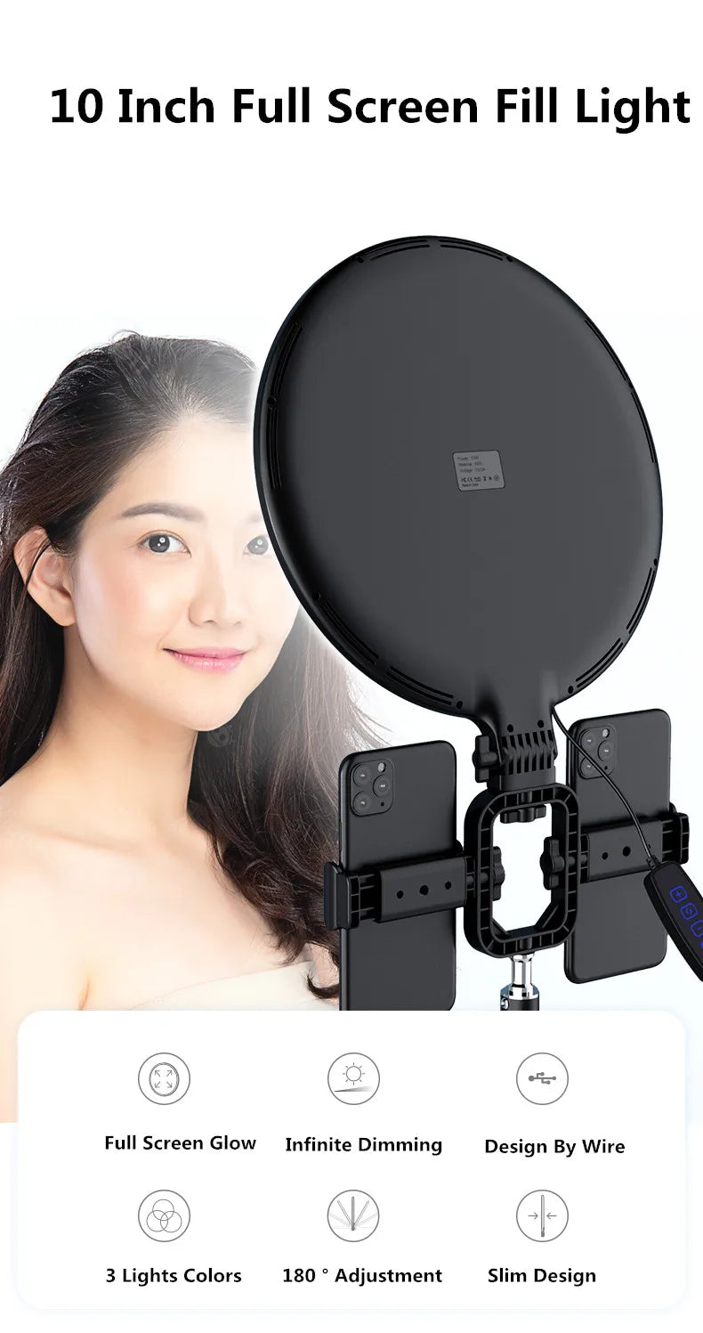 10-inch black circular LED ring light with dual phone mounts for content creation and adjustable brightness and color.